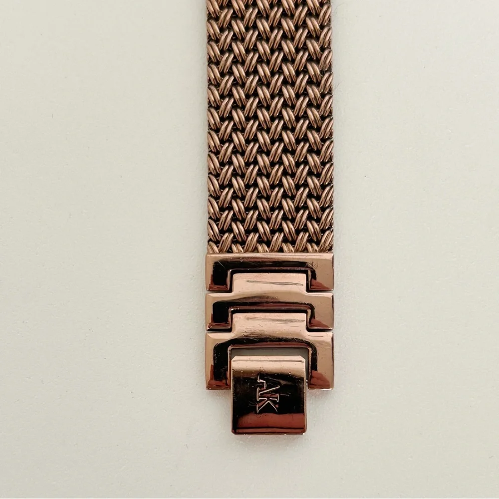 Anne Klein rose gold tone square copper analog watch rhinestone mesh braided